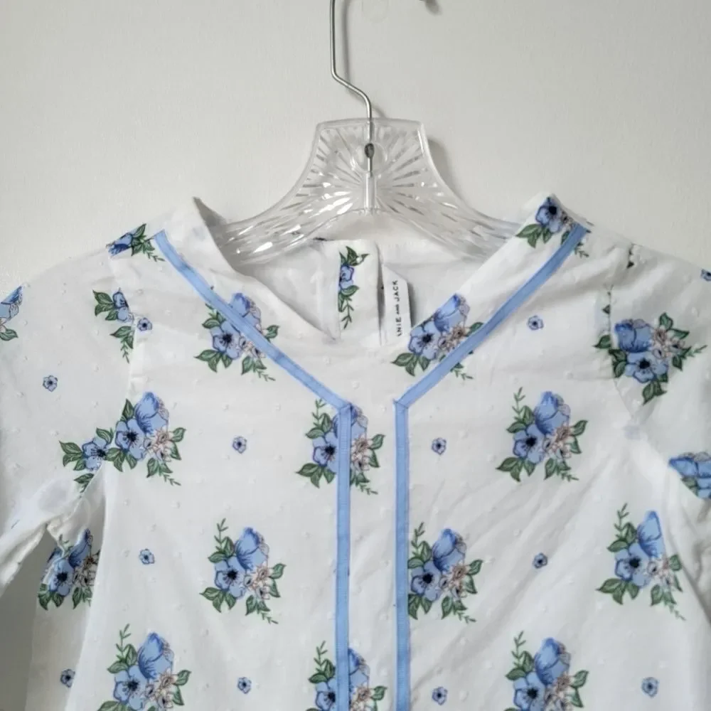 JANIE AND JACK Girls Peplum Top White Navy Floral Puff Sleeves Ruffles Size 7